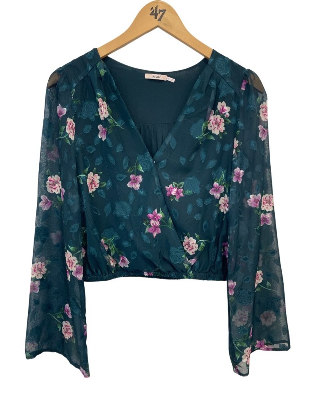 Mi ami Blouse XS Floral Sheer Bell Sleeves Faux Wrap Crop Top Teal Multi Cottage
